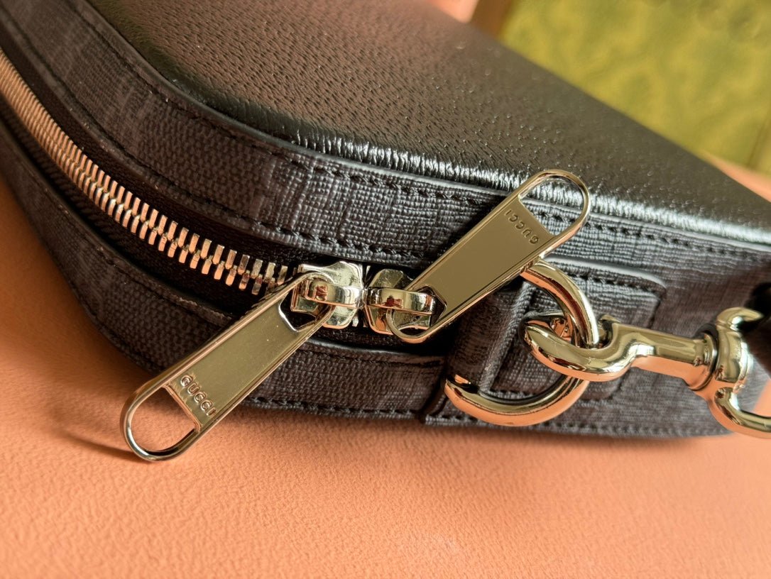 {Style No: HSCQXOFL} SMALL CROSSBODY BAG 24 WITH TAG IN BLACK CALFSKIN AND CANVAS TRIM - Image 3