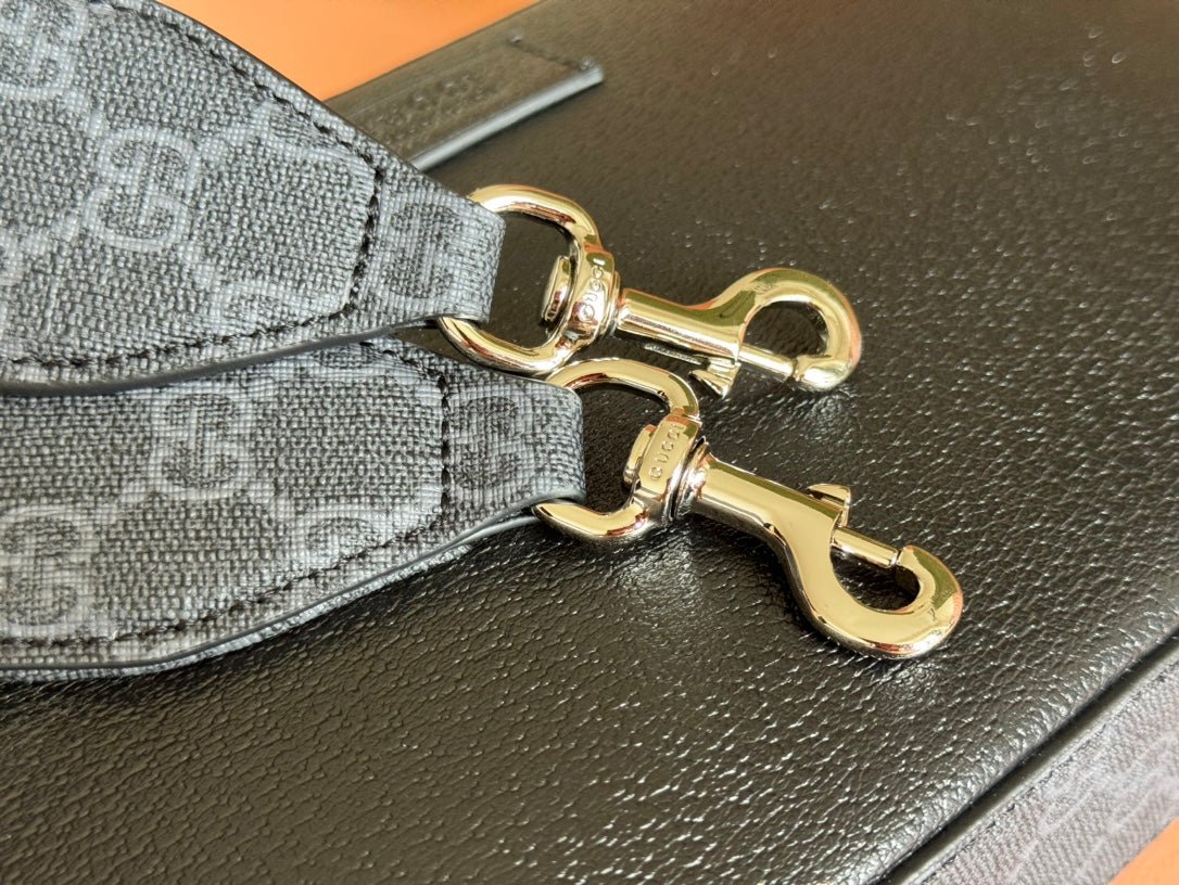 {Style No: HSCQXOFL} SMALL CROSSBODY BAG 24 WITH TAG IN BLACK CALFSKIN AND CANVAS TRIM - Image 8