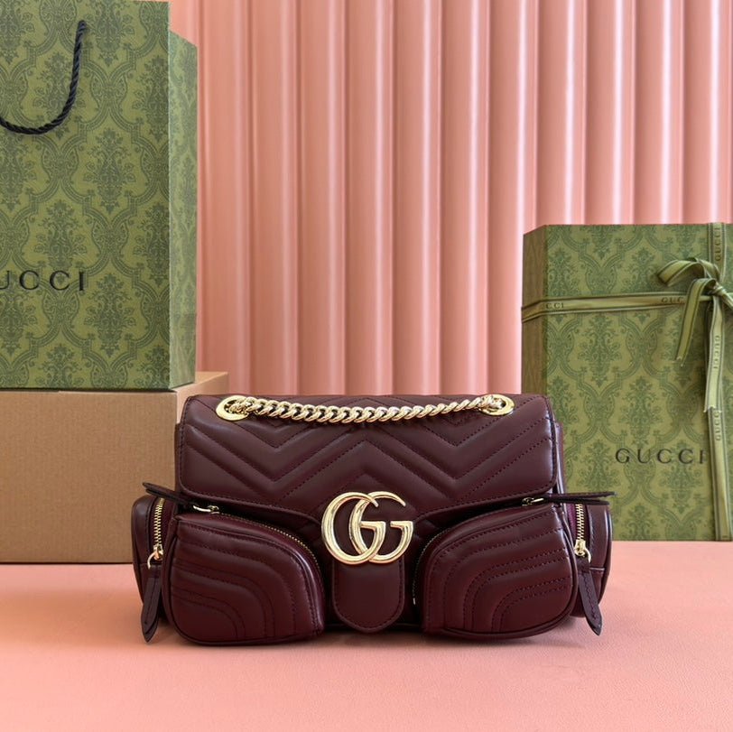 {Style No: W9YD234T} MARMONT SMALL MULTI-POCKET BAG 25 IN CURRANT RED CALFSKIN GOLD HARDWARE