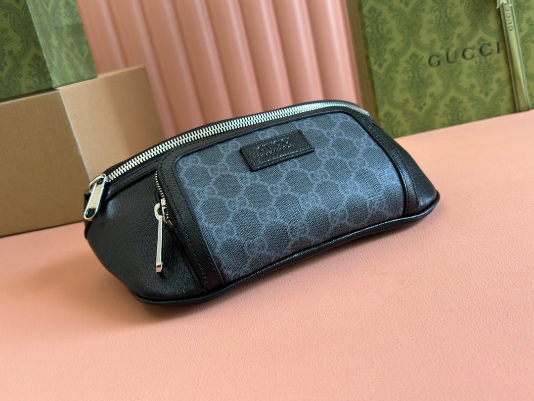 {Style No: I9XXSFJK} SMALL BELT BAG 29 IN BLACK CALFSKIN AND DARK GRAY MONOGRAM CANVAS - Image 3