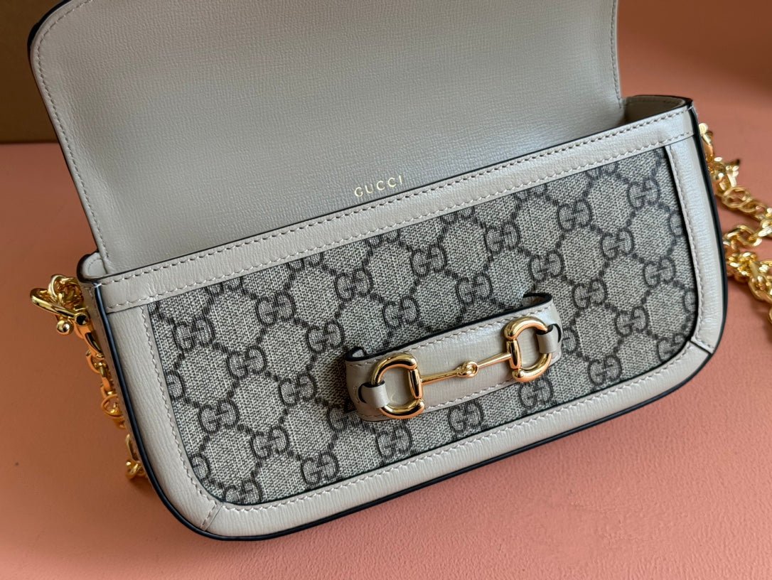 {Style No: KYI3D1T6} GG HORSEBIT 1955 BAG 24 IN BEIGE CANVAS AND WHITE CALFSKIN - Image 5