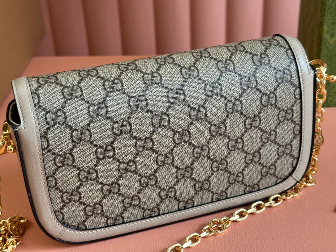 {Style No: KYI3D1T6} GG HORSEBIT 1955 BAG 24 IN BEIGE CANVAS AND WHITE CALFSKIN - Image 6