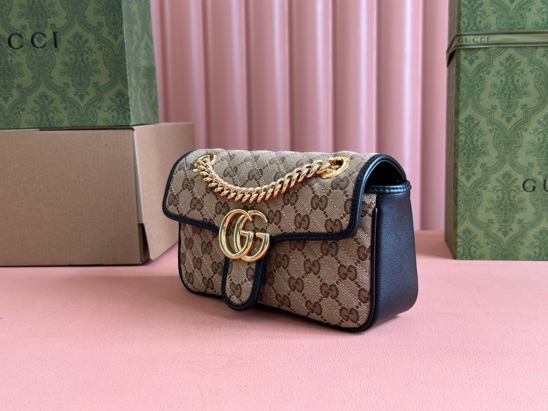 {Style No: 7EJVO3HL} MARMONT MEDIUM SHOULDER BAG 22 IN BEIGE AND BROWN GG CANVAS BLACK CALFSKIN - Image 3