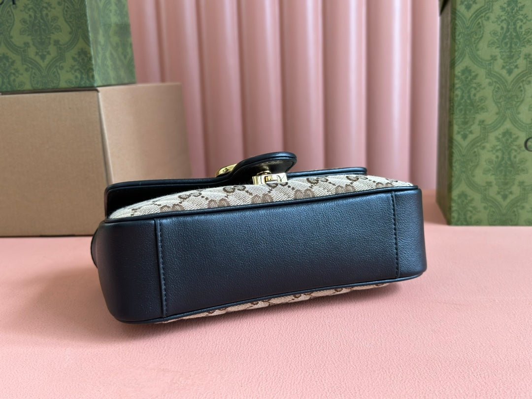 {Style No: 7EJVO3HL} MARMONT MEDIUM SHOULDER BAG 22 IN BEIGE AND BROWN GG CANVAS BLACK CALFSKIN - Image 5