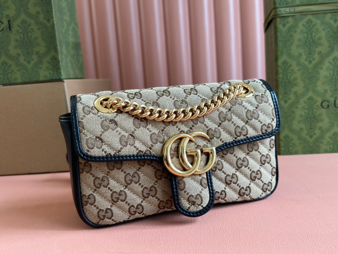 {Style No: 7EJVO3HL} MARMONT MEDIUM SHOULDER BAG 22 IN BEIGE AND BROWN GG CANVAS BLACK CALFSKIN - Image 7