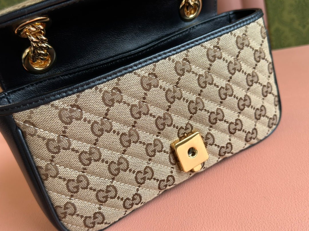 {Style No: 7EJVO3HL} MARMONT MEDIUM SHOULDER BAG 22 IN BEIGE AND BROWN GG CANVAS BLACK CALFSKIN - Image 8