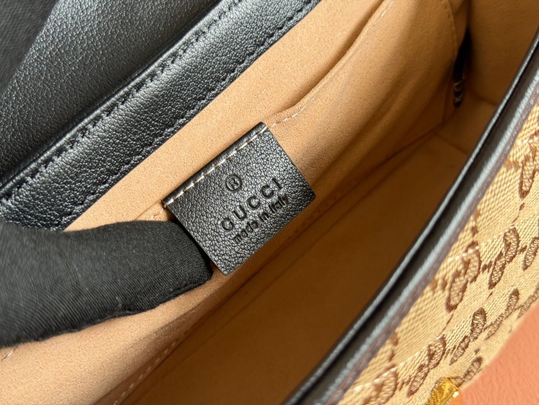 {Style No: 7EJVO3HL} MARMONT MEDIUM SHOULDER BAG 22 IN BEIGE AND BROWN GG CANVAS BLACK CALFSKIN - Image 9