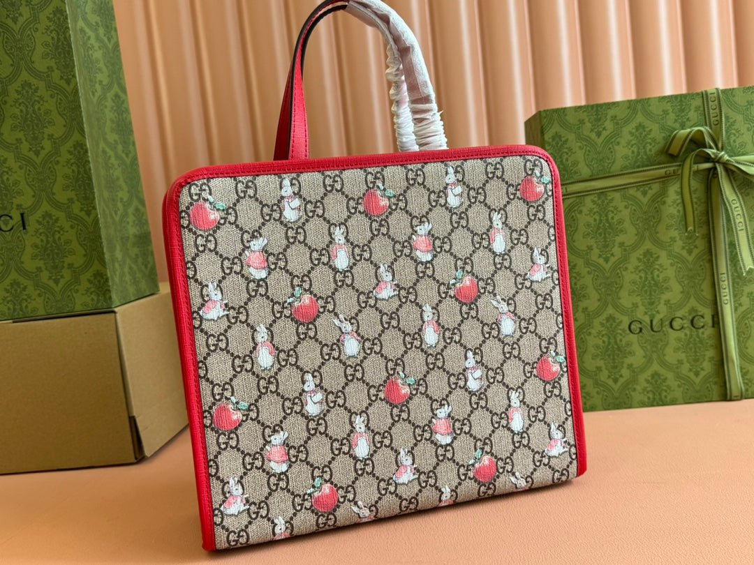 {Style No: ECX6EITL} CHILDREN’S PRINTED RABBIT TOTE BAG 28.5 IN BEIGE AND DARK BROWN GG CANVAS RED TRIM - Image 2