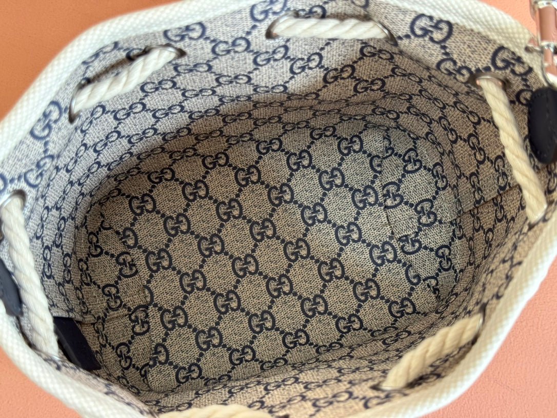 {Style No: CJ8727RU} SMALL DRAWSTRING SHOULDER BAG 21 IN WHITE CANVAS DARK BLUE CALFSKIN - Image 7