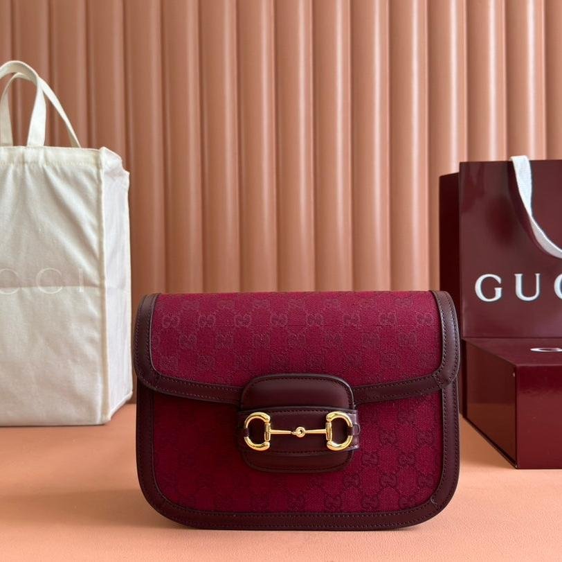 {Style No: SYOROA49} HORSEBIT 1955 SHOULDER BAG 25 IN WINE RED CANVAS AND CALFSKIN GOLD HARDWARE