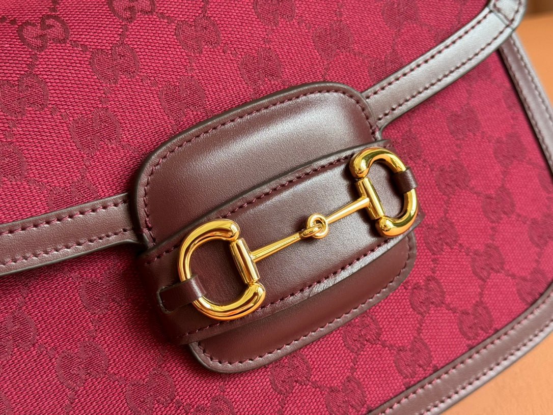 {Style No: SYOROA49} HORSEBIT 1955 SHOULDER BAG 25 IN WINE RED CANVAS AND CALFSKIN GOLD HARDWARE - Image 8