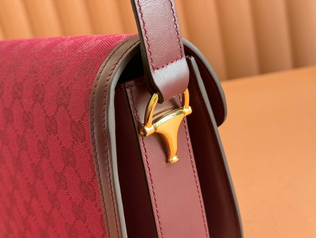 {Style No: SYOROA49} HORSEBIT 1955 SHOULDER BAG 25 IN WINE RED CANVAS AND CALFSKIN GOLD HARDWARE - Image 2
