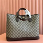 {Style No: 69WNQSI5} OPHIDIA MEDIUM TOTE BAG 38.5 BEIGE CANVAS AND BROWN CALFSKIN