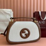 {Style No: 7C6H8AJ6} BLONDIE LARGE TOP HANDLE BAG 32 IN NATURAL COTTON LINEN CANVAS BROWN CALFSKIN