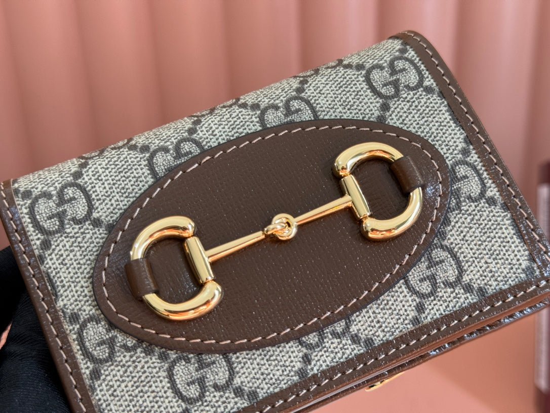 {Style No: 5JNB8FQ8} HORSEBIT 1955 CARD CASE WALLET 11.5 IN BEIGE EBONY GG CANVAS BROWN CALFSKIN - Image 6