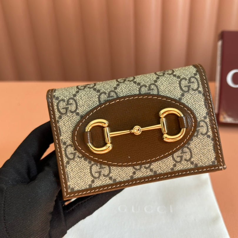 {Style No: 5JNB8FQ8} HORSEBIT 1955 CARD CASE WALLET 11.5 IN BEIGE EBONY GG CANVAS BROWN CALFSKIN