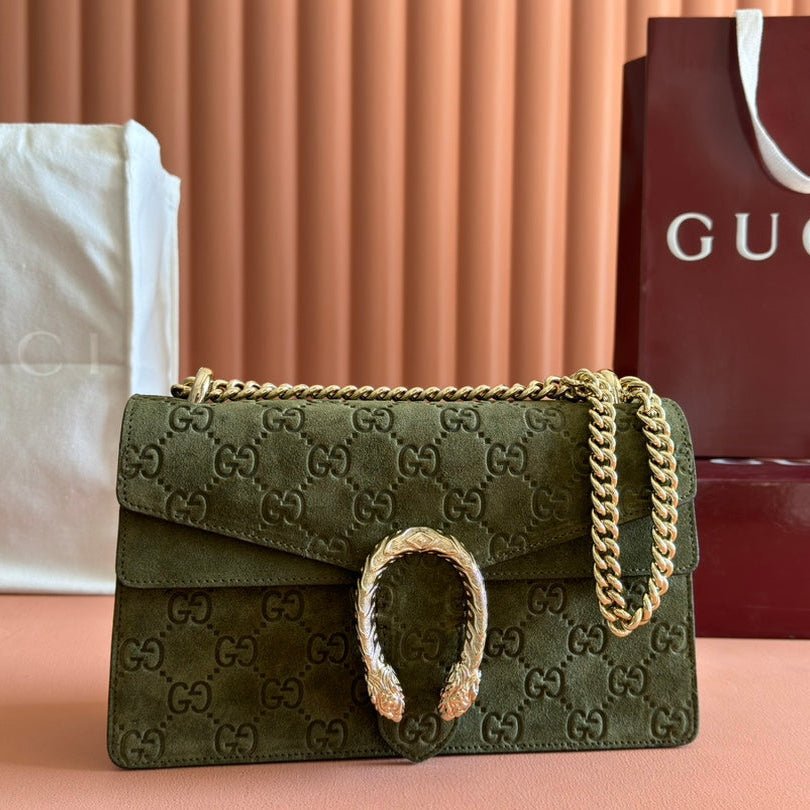 {Style No: ACHHHEMY} DIONYSUS MEDIUM SHOULDER BAG 27.5 IN DARK GREEN GG SUEDE