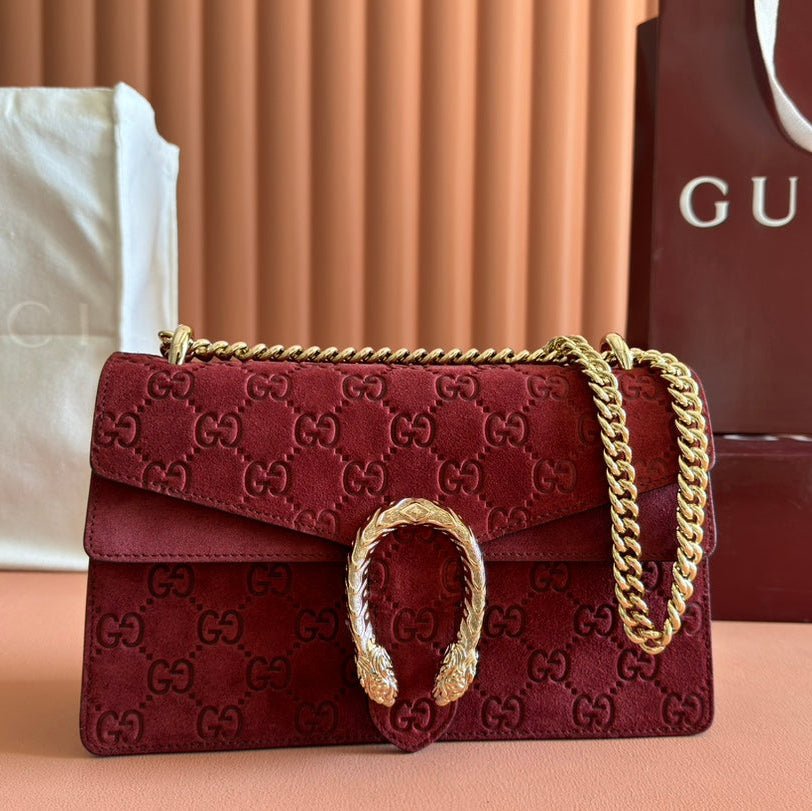{Style No: 8LOXNC8Q} DIONYSUS MEDIUM SHOULDER BAG 27.5 IN ROSSO ANCORA RED GG SUEDE