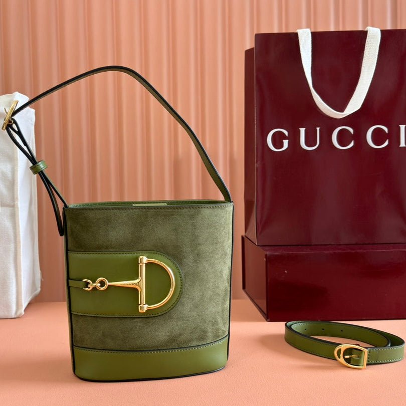 {Style No: OTGX9L53} 73 SMALL BUCKET BAG 20 IN GREEN SOFT SUEDE AND CALFSKIN