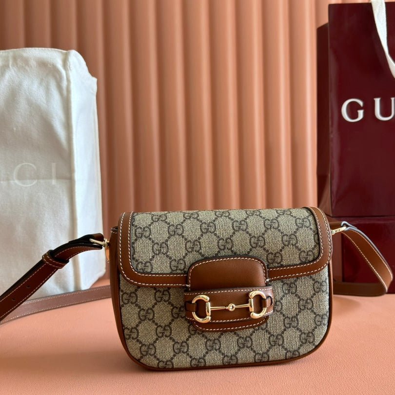 {Style No: C3FP5LN4} SMALL HORSEBIT 1955 SHOULDER BAG 20 IN BEIGE AND DARK BROWN NEW GG MONOGRAM CALFSKIN