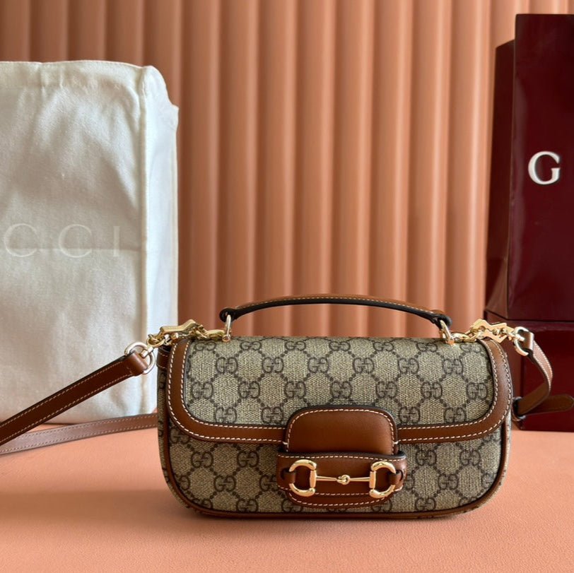 {Style No: 2OLJ45KT} SMALL HORSEBIT 1955 SHOULDER BAG 22.6 IN BEIGE/EBONY GG WITH BROWN CALFSKIN TRIM