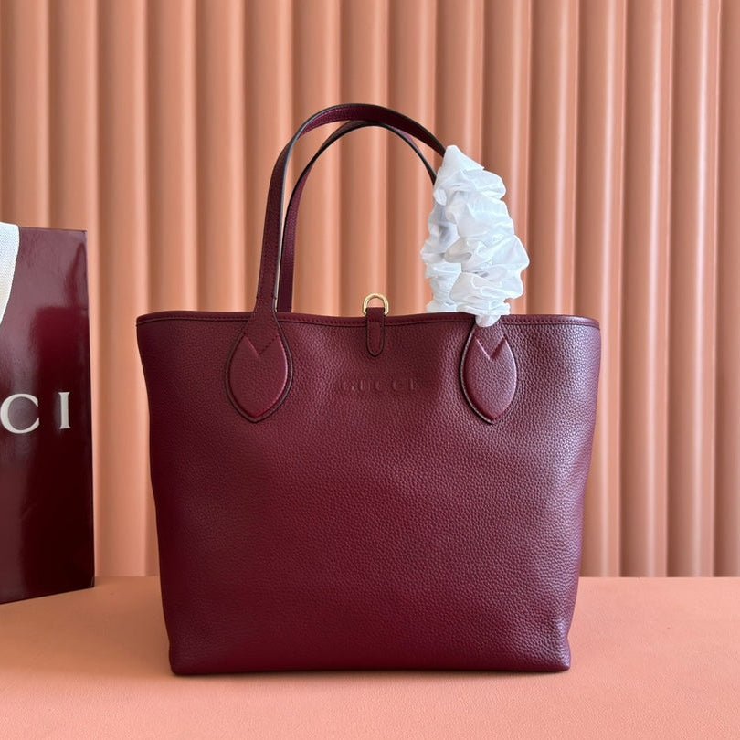 {Style No: JW5R2DZU} MEDIUM TOTISSIMA REVERSIBLE TOTE BAG 30 IN ROSSO ANCORA RED CALFSKIN BEIGE AND BROWN GG CANVAS ON SIDE