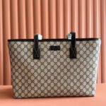 {Style No: XKGB5IC1} MEDIUM TOTE BAG 38 IN BEIGE AND BROWN GG COATED FABRIC BLACK CALFSKIN