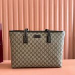 {Style No: HSLX12EL} MEDIUM TOTE BAG 38 IN BEIGE AND BROWN GG COATED FABRIC DARK BROWN CALFSKIN