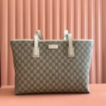 {Style No: J66JA2CM} MEDIUM TOTE BAG 38 IN BEIGE AND BROWN GG COATED FABRIC WHITE CALFSKIN