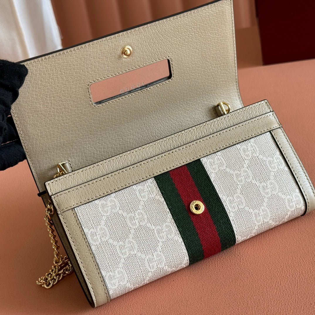 {Style No: SFS6DQGA} OPHIDIA WALLET ON CHAIN 19 IN BEIGE AND WHITE COATED FABRIC OATMEAL CALFSKIN - Image 8