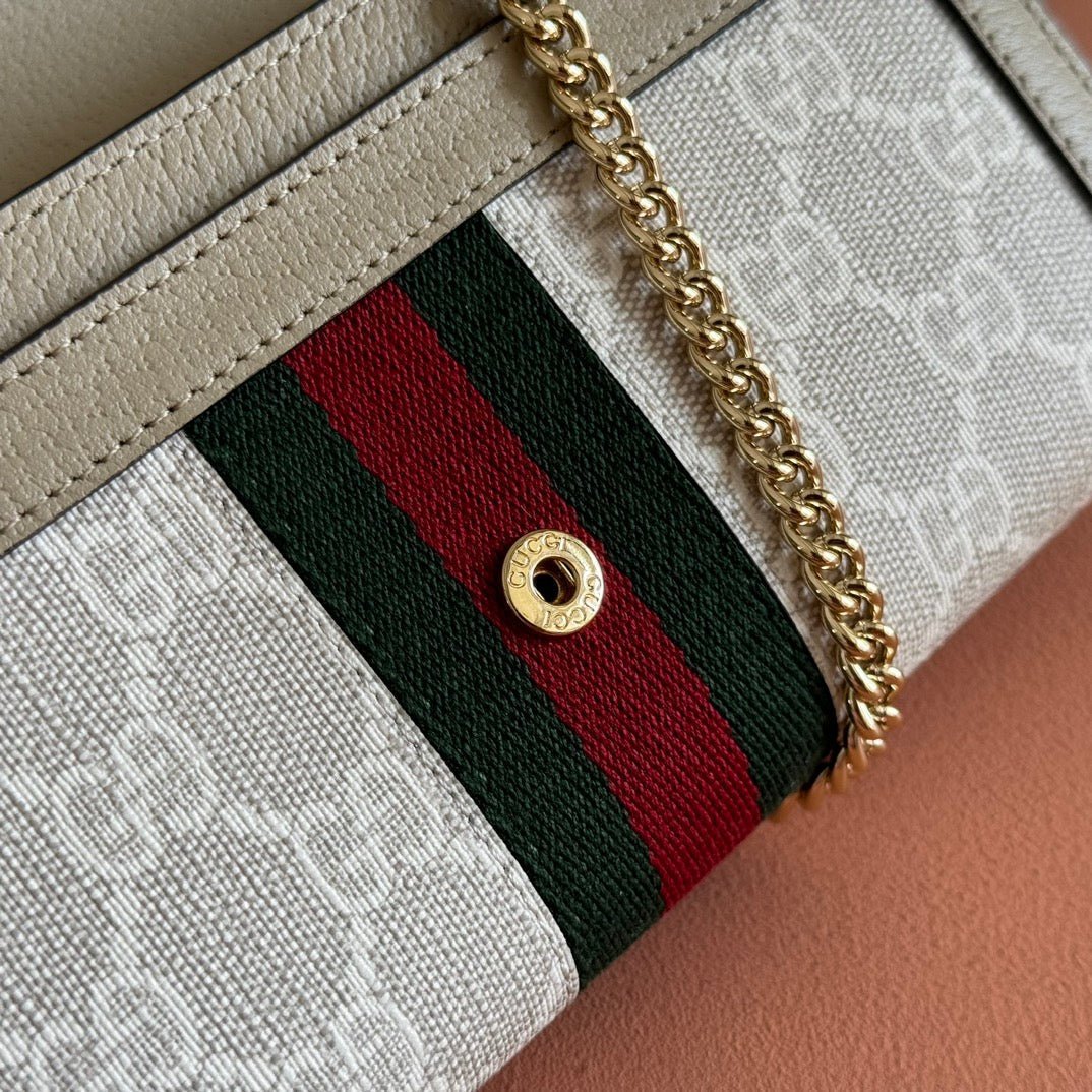 {Style No: SFS6DQGA} OPHIDIA WALLET ON CHAIN 19 IN BEIGE AND WHITE COATED FABRIC OATMEAL CALFSKIN - Image 6