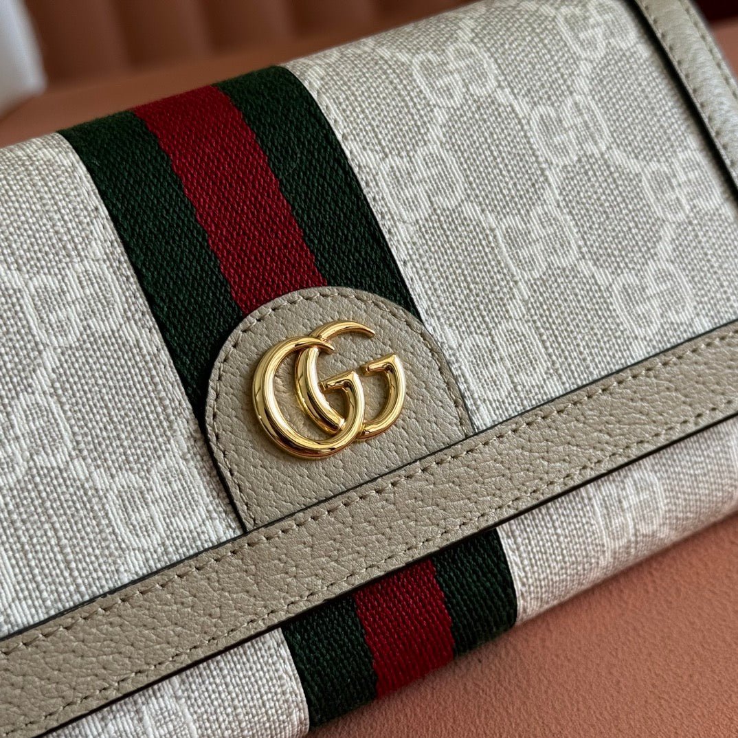 {Style No: SFS6DQGA} OPHIDIA WALLET ON CHAIN 19 IN BEIGE AND WHITE COATED FABRIC OATMEAL CALFSKIN - Image 9