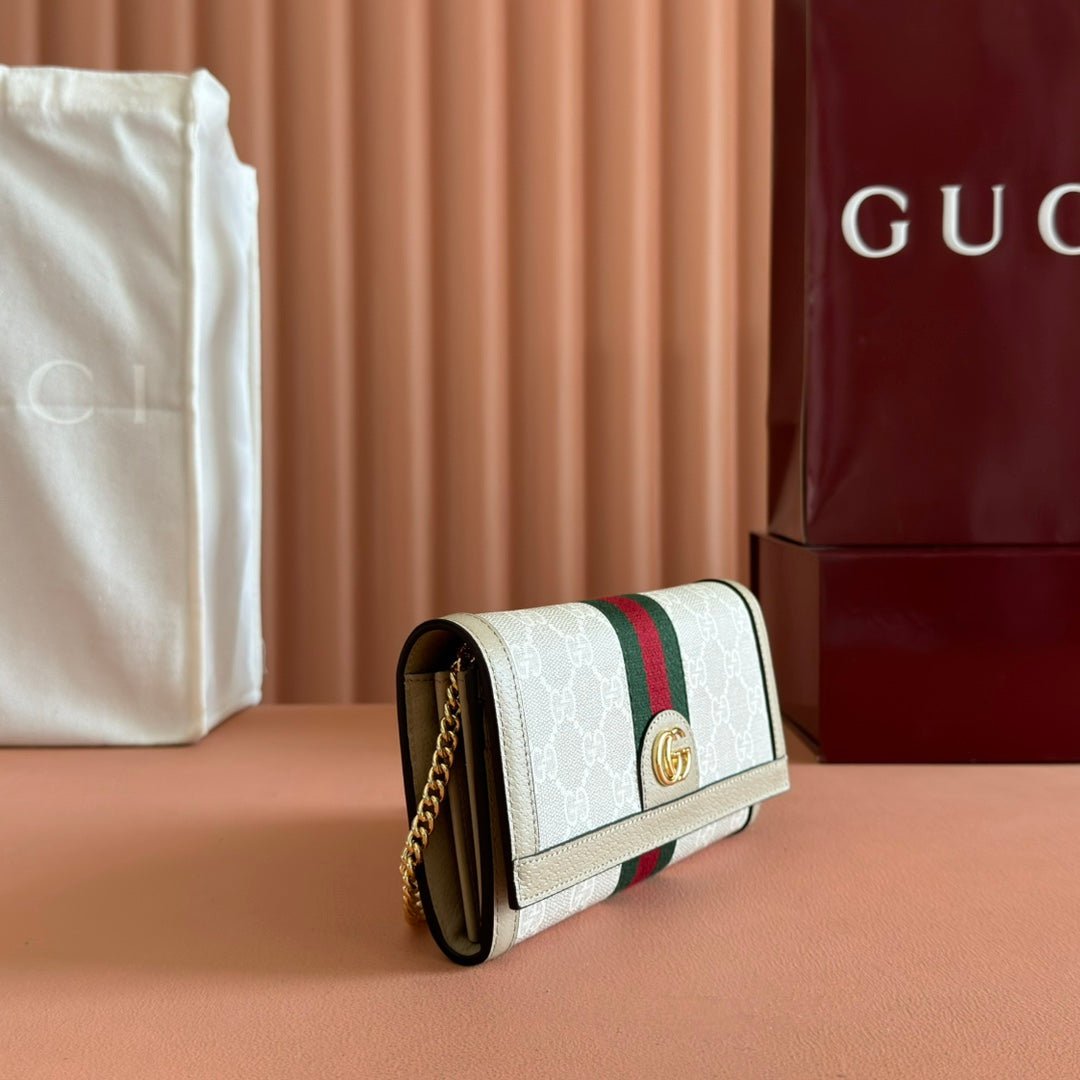 {Style No: SFS6DQGA} OPHIDIA WALLET ON CHAIN 19 IN BEIGE AND WHITE COATED FABRIC OATMEAL CALFSKIN - Image 2