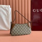 {Style No: VOY3C7DF} EMBLEM SMALL SHOULDER BAG 23 IN BEIGE AND BROWN GG COATED FABRIC BROWN CALFSKIN TRAP