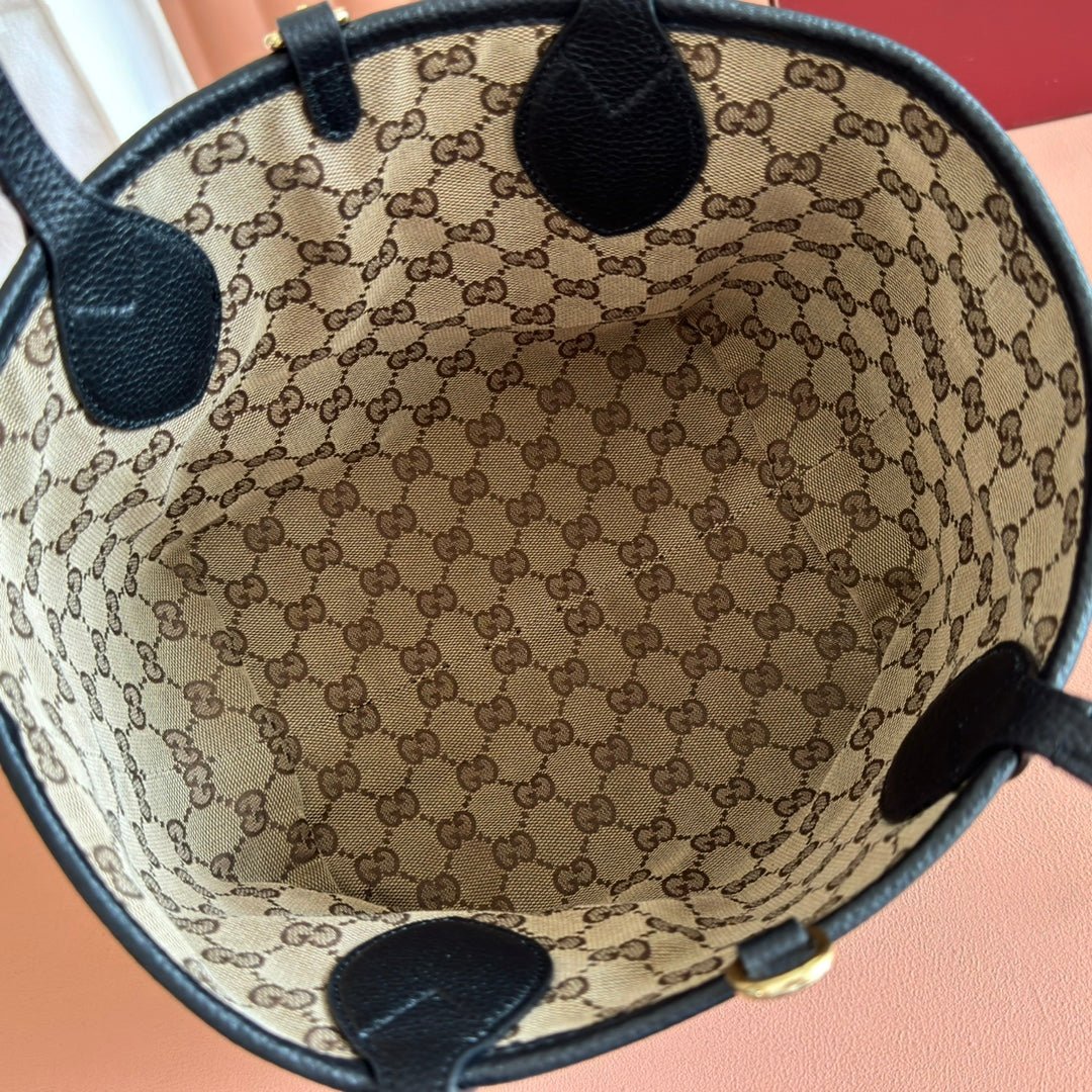 {Style No: TF82WT2H} SMALL TOTISSIMA REVERSIBLE TOTE BAG 21 IN BLACK CALFSKIN BROWN BEIGE GG CANVAS - Image 9
