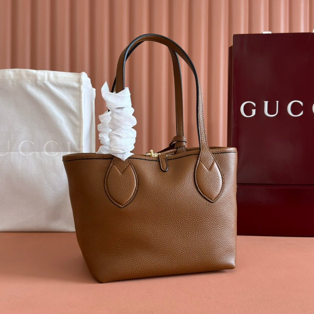 {Style No: 6153BN72} SMALL TOTISSIMA REVERSIBLE TOTE BAG 21 IN BROWN CALFSKIN BEIGE AND BROWN GG CANVAS ON SIDE