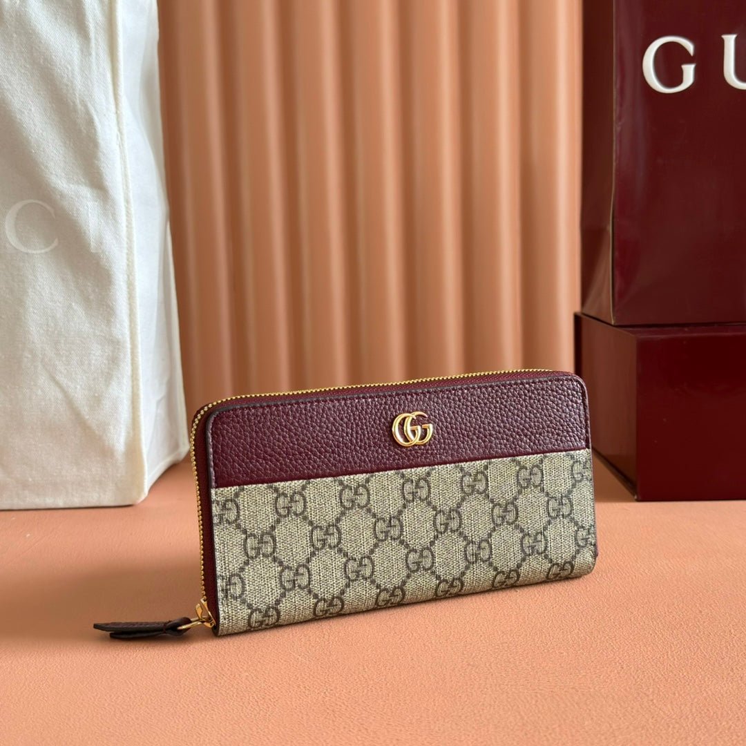 {Style No: 7AMXORNI} GG MARMONT 19 LONG WALLET IN RED AND BEIGE CALFSKIN