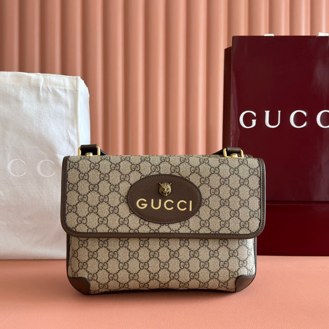 {Style No: Y6CFICEW} GUCCI NEO VINTAGE TIGER HEAD LARGE CROSSBODY BAG 30 IN CANVAS BROWN LEATHER TRIM