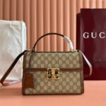 {Style No: 7VHAQE19} GUCCI 25S PADLOCK BAG 26 IN BEIGE CANVAS AND BROWN CALFSKIN