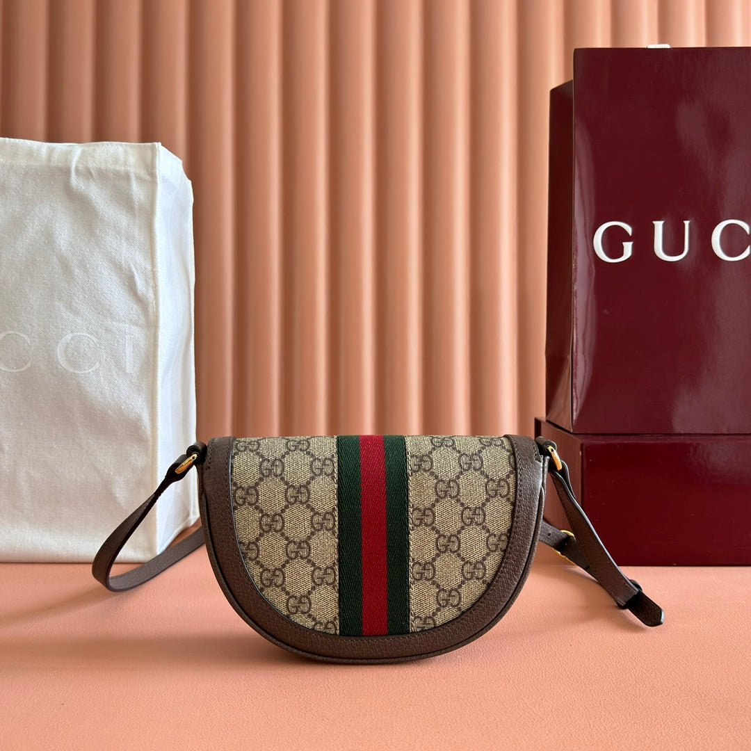 {Style No: W34J97VM} GUCCI 25S OPHIDIA MINI BAG 20 IN DARK BEIGE CANVAS AND BROWN CALFSKIN - Image 2