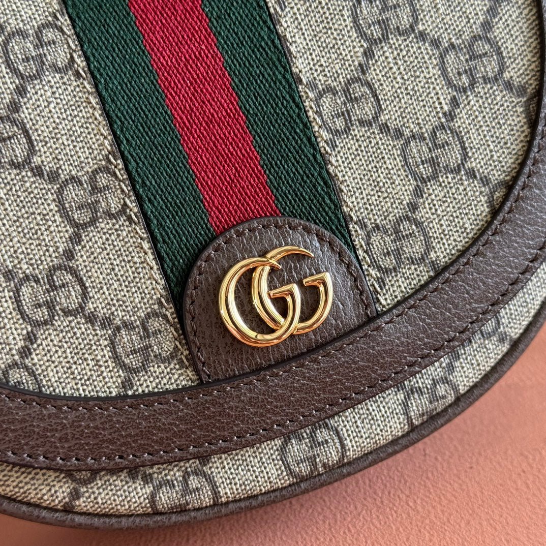 {Style No: W34J97VM} GUCCI 25S OPHIDIA MINI BAG 20 IN DARK BEIGE CANVAS AND BROWN CALFSKIN - Image 4