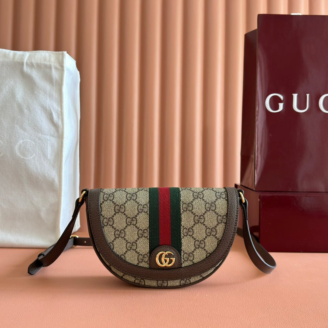 {Style No: W34J97VM} GUCCI 25S OPHIDIA MINI BAG 20 IN DARK BEIGE CANVAS AND BROWN CALFSKIN