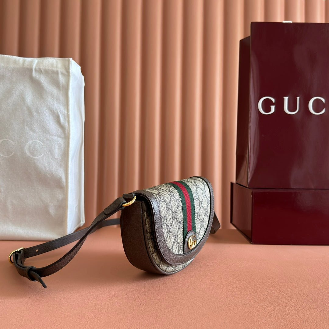 {Style No: W34J97VM} GUCCI 25S OPHIDIA MINI BAG 20 IN DARK BEIGE CANVAS AND BROWN CALFSKIN - Image 3
