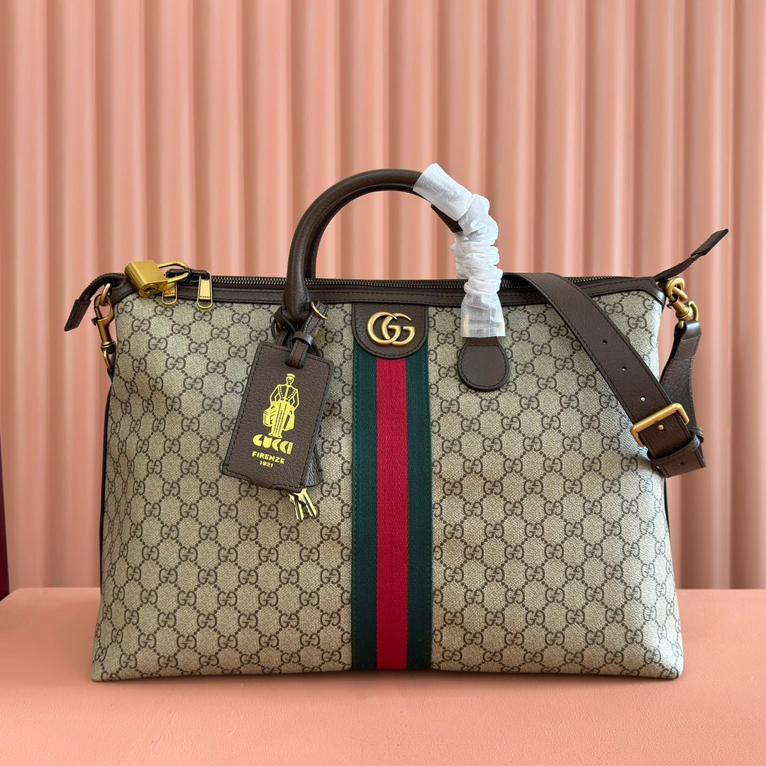 {Style No: FGRJIXNE} GG 25S SAVOY LARGE BAG 48 IN BEIGE AND EBONY GG SUPREME CANVAS
