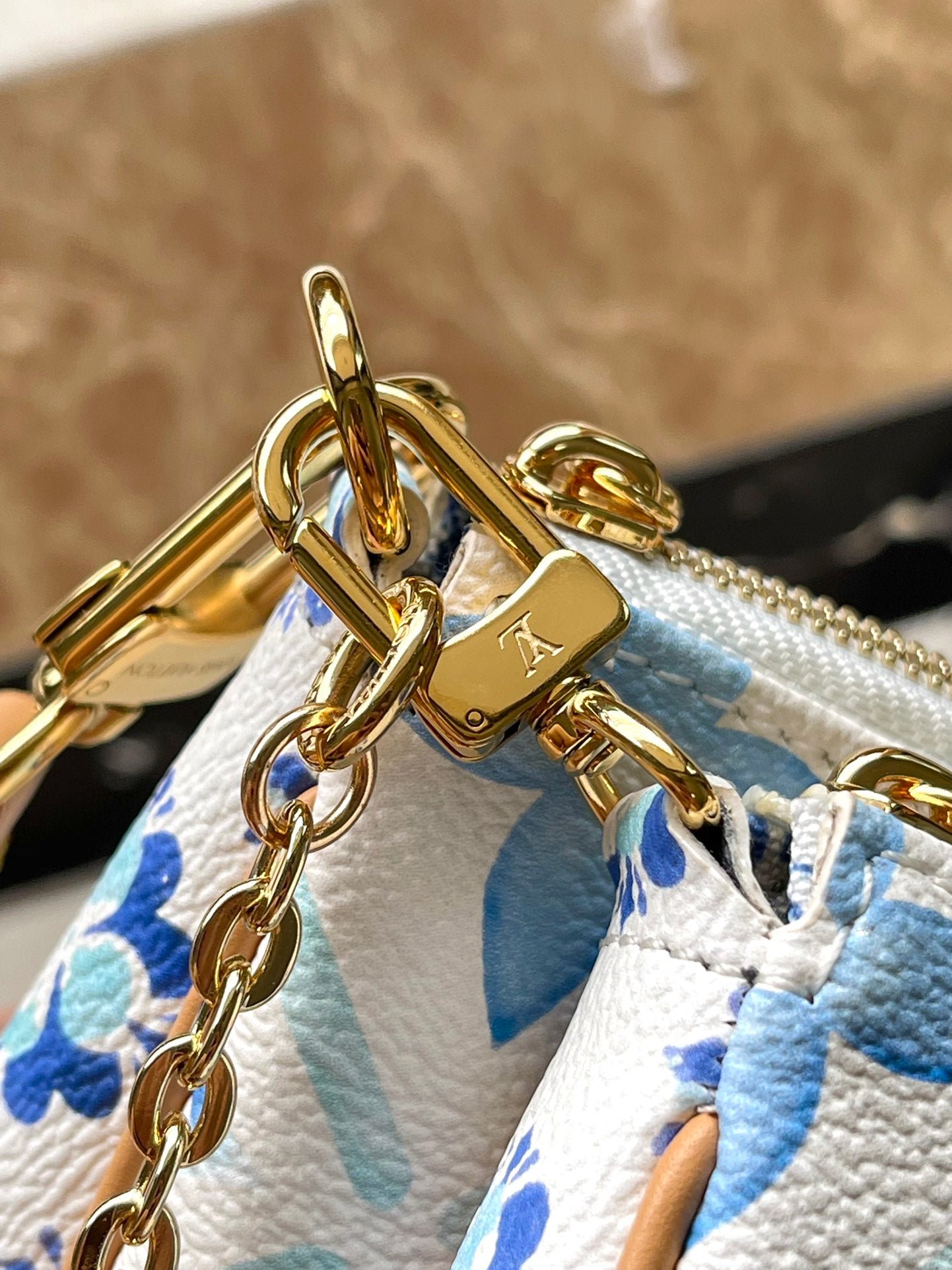 {Style No: TG5MLSWQ} MULTI POCHETTE ACCESSOIRES 24 IN LAGOON BLUE MONOGRAM TILES CANVAS GOLD HARDWARE - Image 8