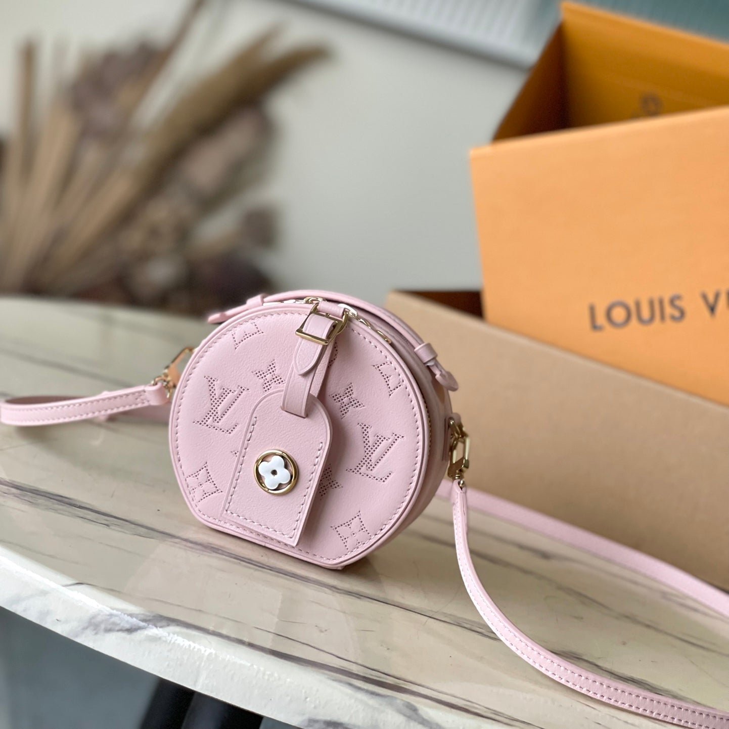 {Style No: NHTDSCWB} MINI BOITE CHAPEAU 13 IN LIGHT PINK MONOGRAM PERFORATED CALFSKIN