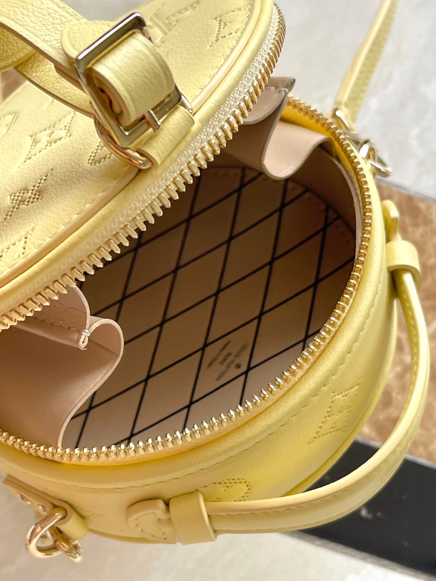 {Style No: 9KZB3O3U} MINI BOITE CHAPEAU 13 IN BANANA YELLOW MONOGRAM PERFORATED CALFSKIN - Image 9