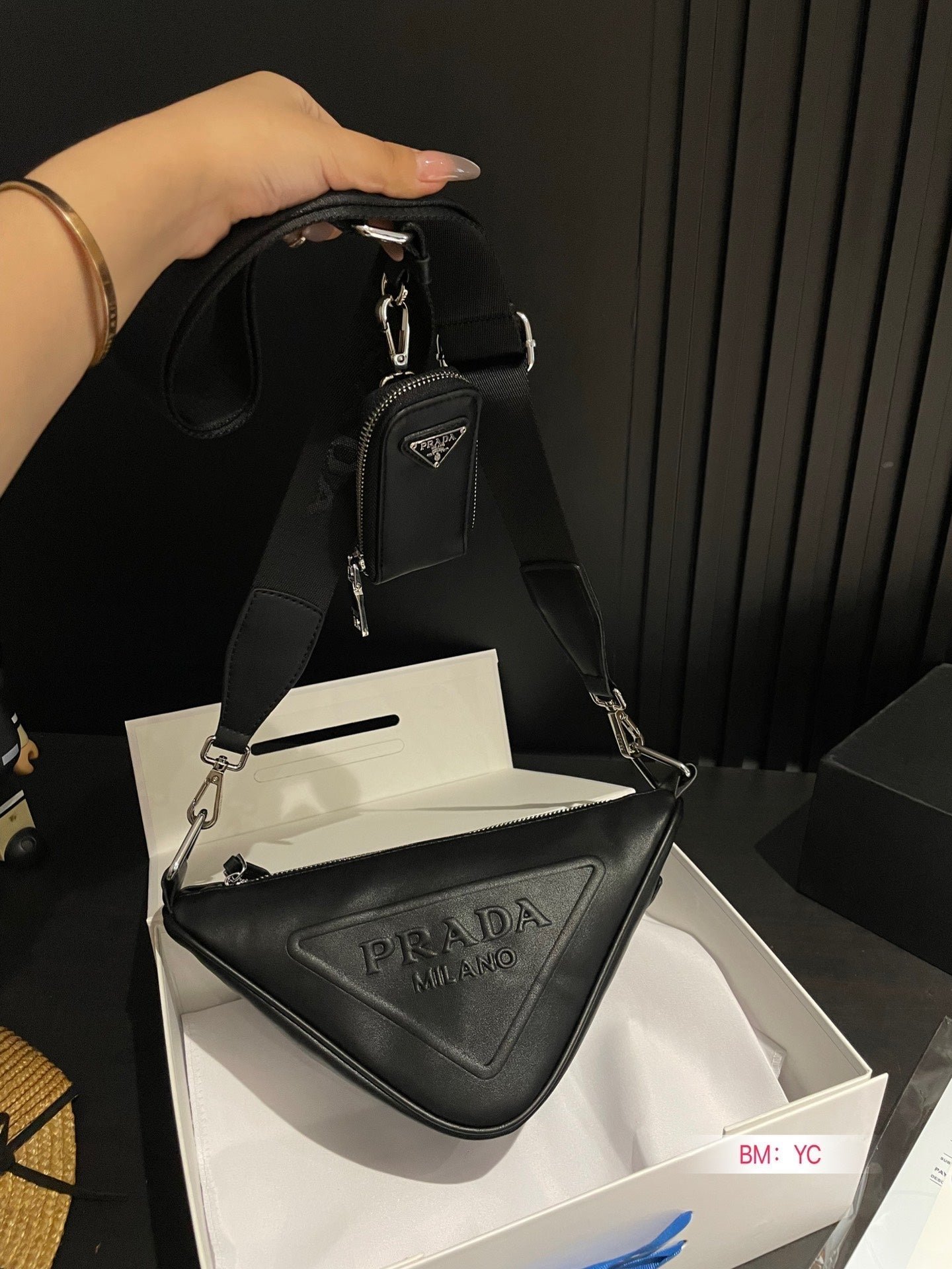 {Style No: X9519Y99} PRA TRIANGLE 26 SHOULDER BAG IN BLACK CALFSKIN - Image 2