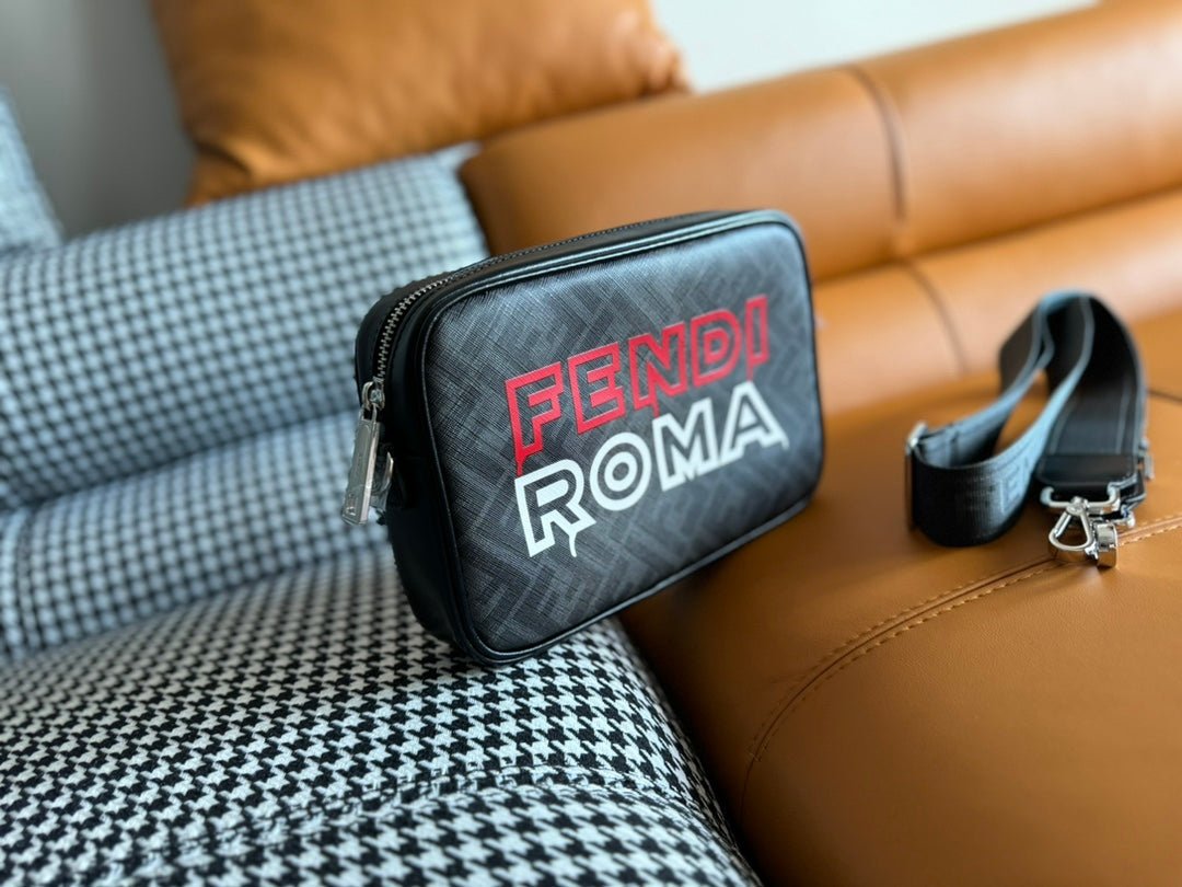 {Style No: U1CNV85G} CLUTCH 22 WITH FF MOTIF IN DARK GRAY TEXTURED FABRIC AND BLACK LAMBSKIN TRIM - Image 7