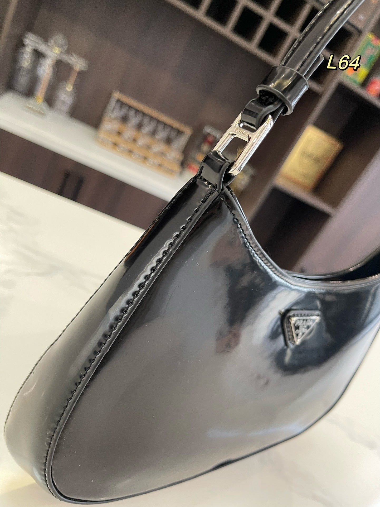 {Style No: 7QY2VSPR} PRA 30 CLEO SHOULDER BAG IN BLACK BRUSHED LEATHER - Image 6